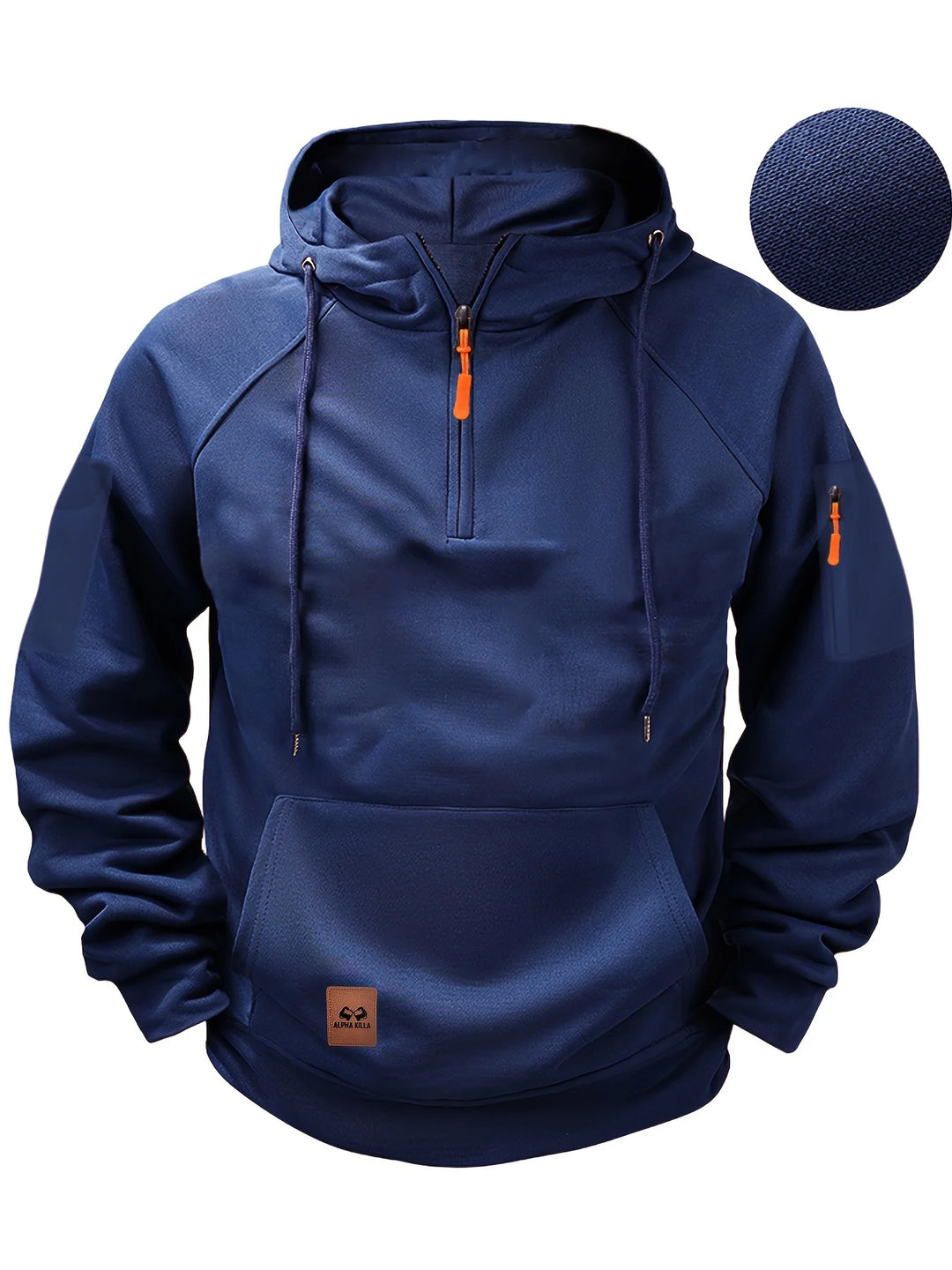 Blue hoodie with orange zippers on a white background