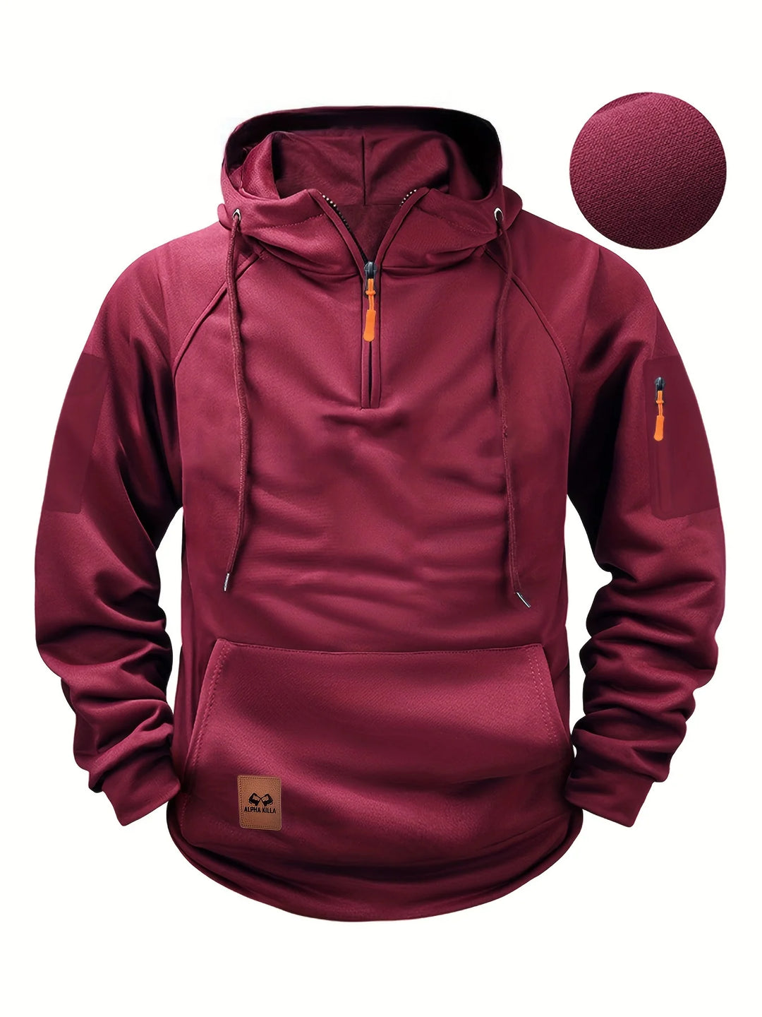 Maroon hoodie with orange drawstrings on a white background