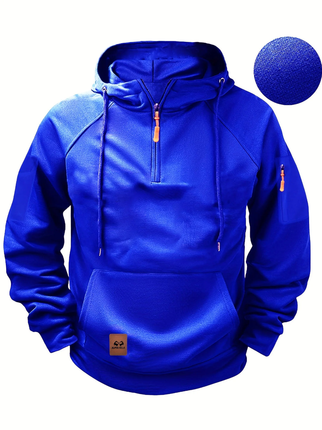 Blue hoodie with a small patch on a white background