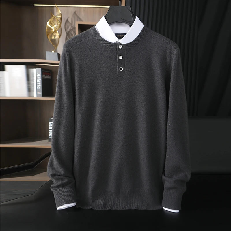 Dark gray sweater with white collar and buttons on a dark background