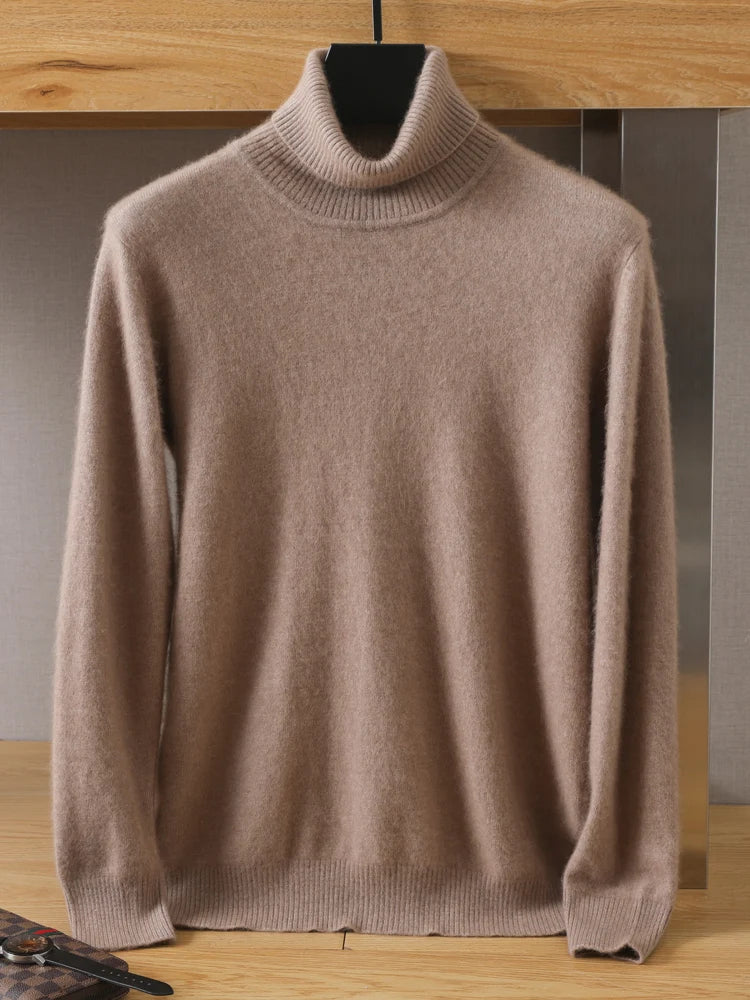 Beige turtleneck sweater on a hanger against a neutral background
