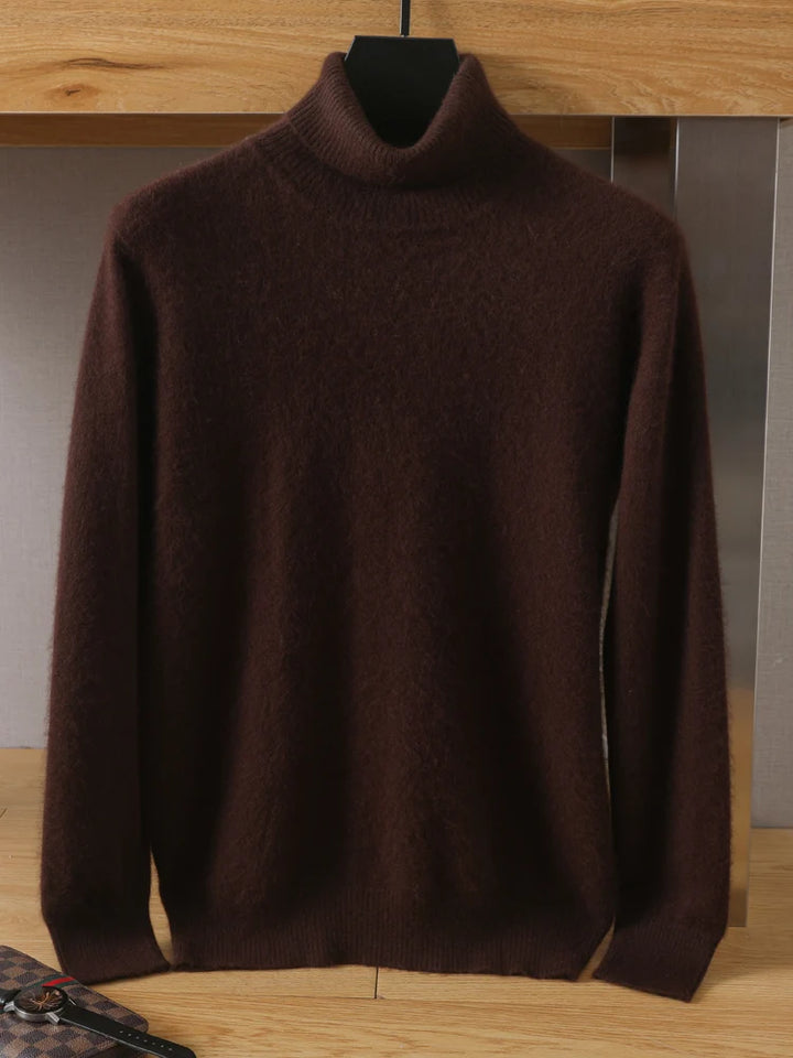 Brown turtleneck sweater on a mannequin against a wooden background