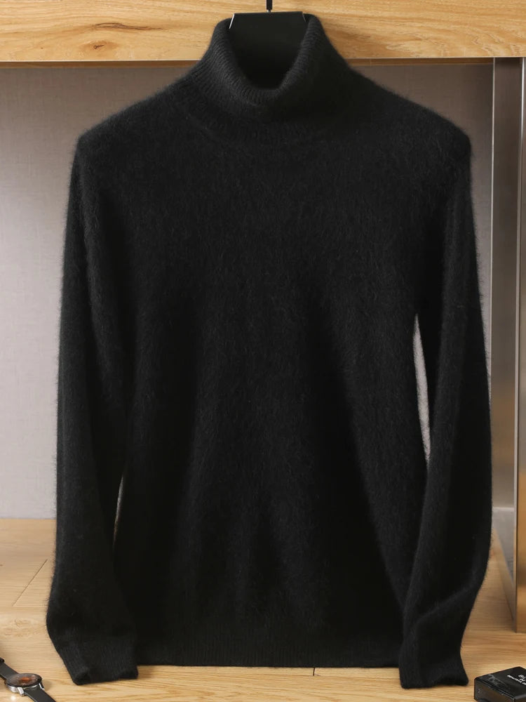 Black turtleneck sweater on a hanger against a neutral background
