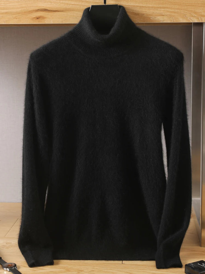 Black turtleneck sweater on a hanger against a neutral background
