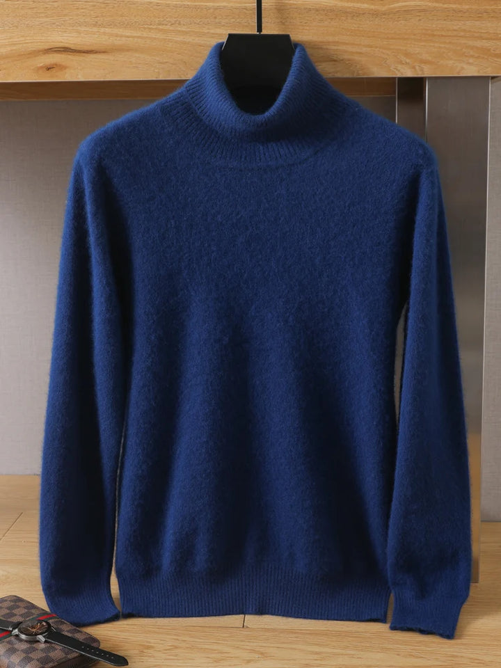 Blue turtleneck sweater on a hanger against a wooden background