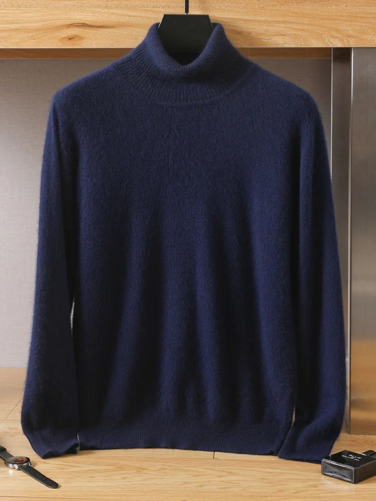 Navy blue turtleneck sweater on a hanger against a neutral background
