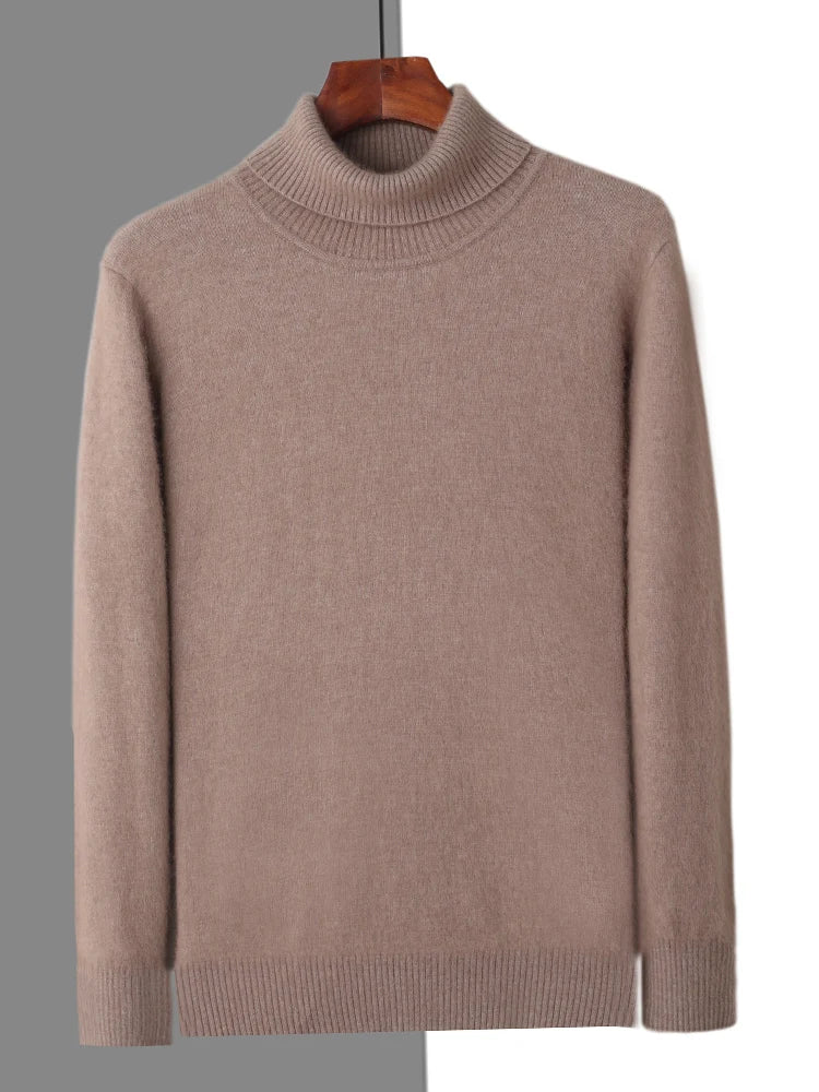 Beige turtleneck sweater on a hanger against a gray background