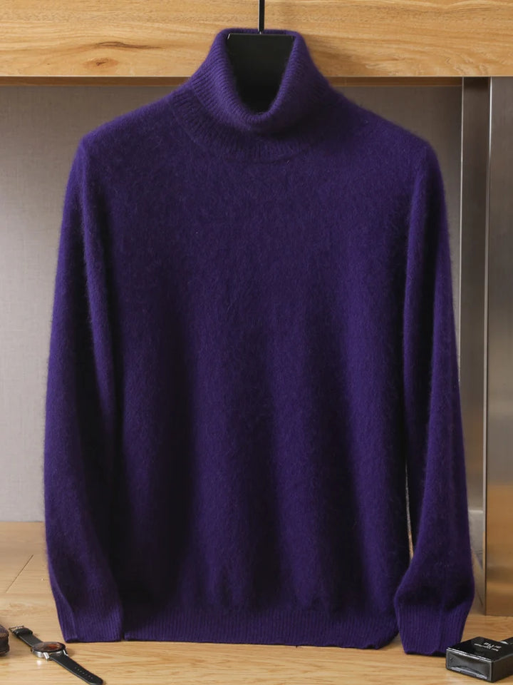 Purple turtleneck sweater on a hanger against a neutral background