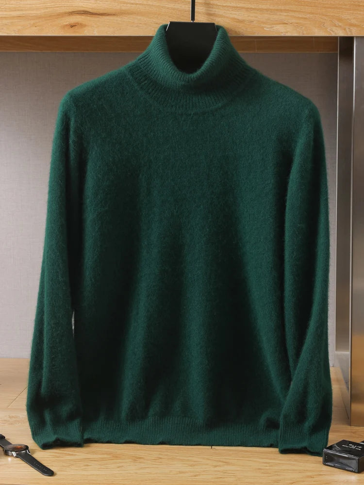 Green turtleneck sweater on a hanger against a neutral background