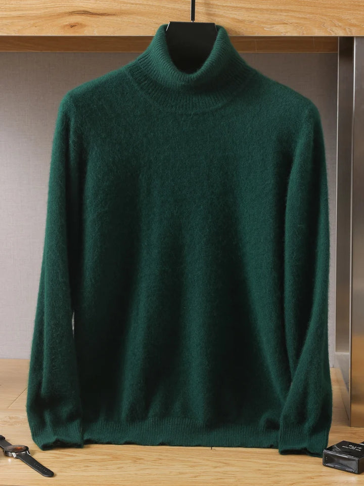 Green turtleneck sweater on a hanger against a neutral background