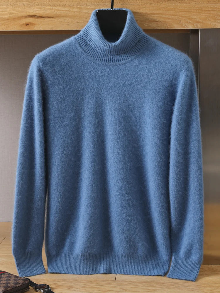 Blue turtleneck sweater on a hanger against a wooden background