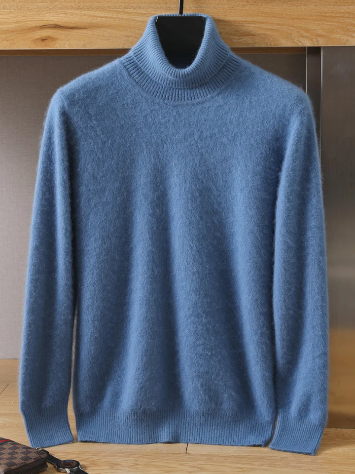 Blue turtleneck sweater on a hanger against a wooden background