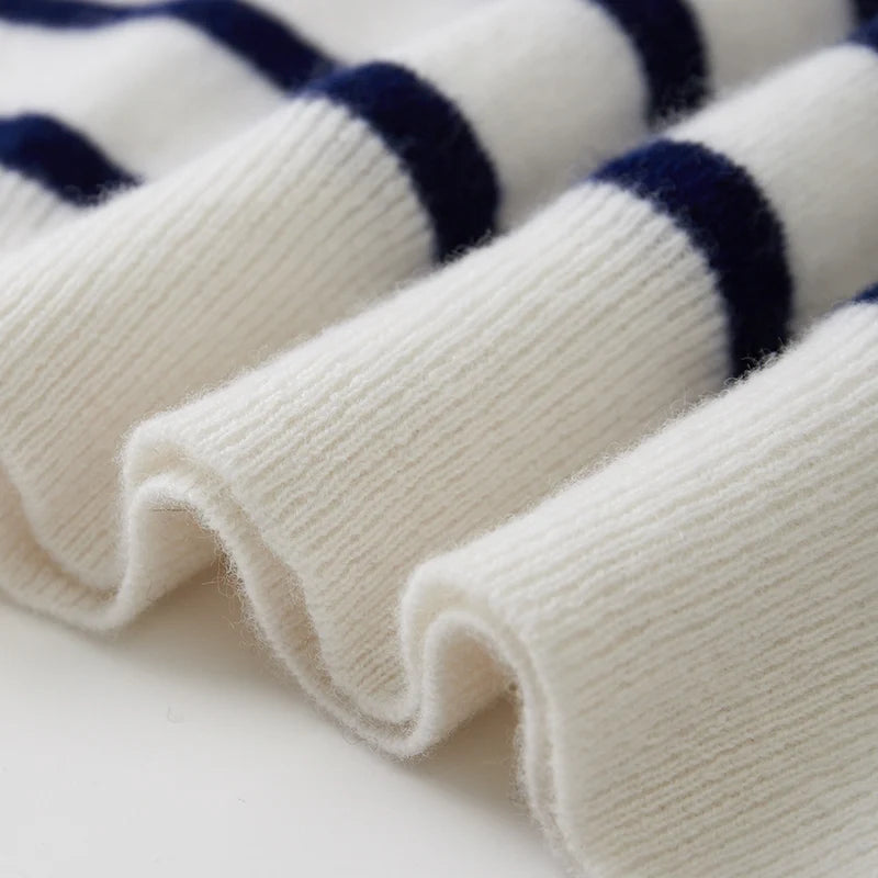 Close-up of white and navy striped fabric on a light background