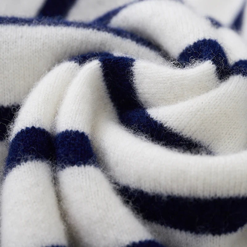 Close-up of white and navy striped fabric