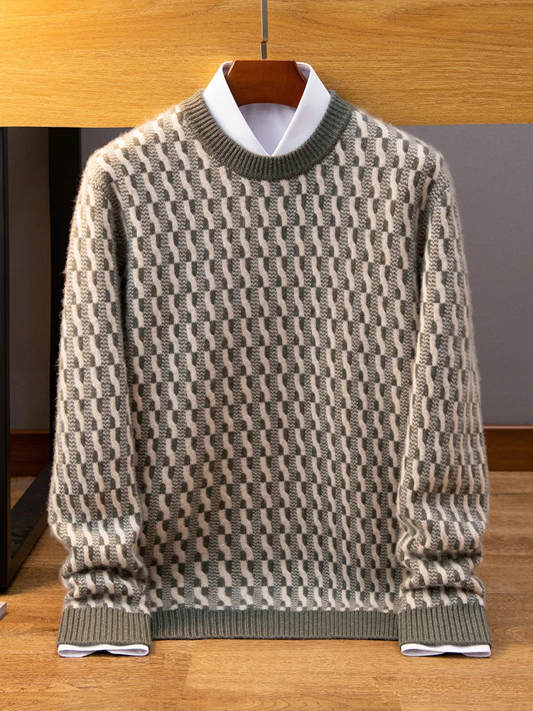 Patterned sweater on a hanger against a wooden background