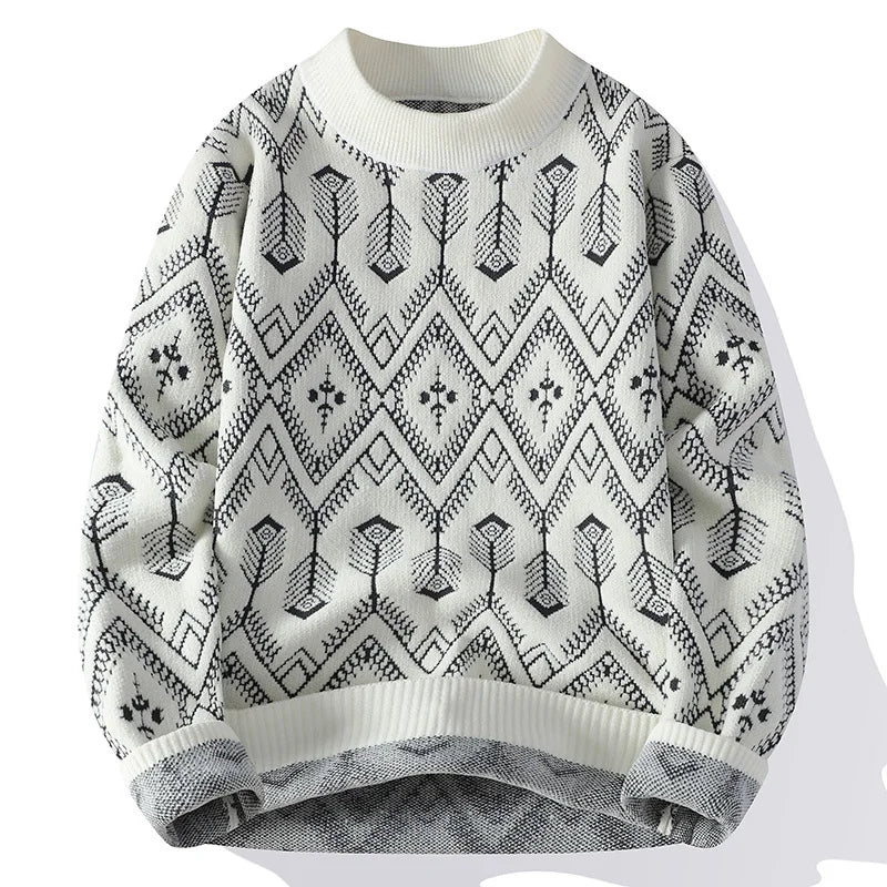 White sweater with black geometric pattern on a white background