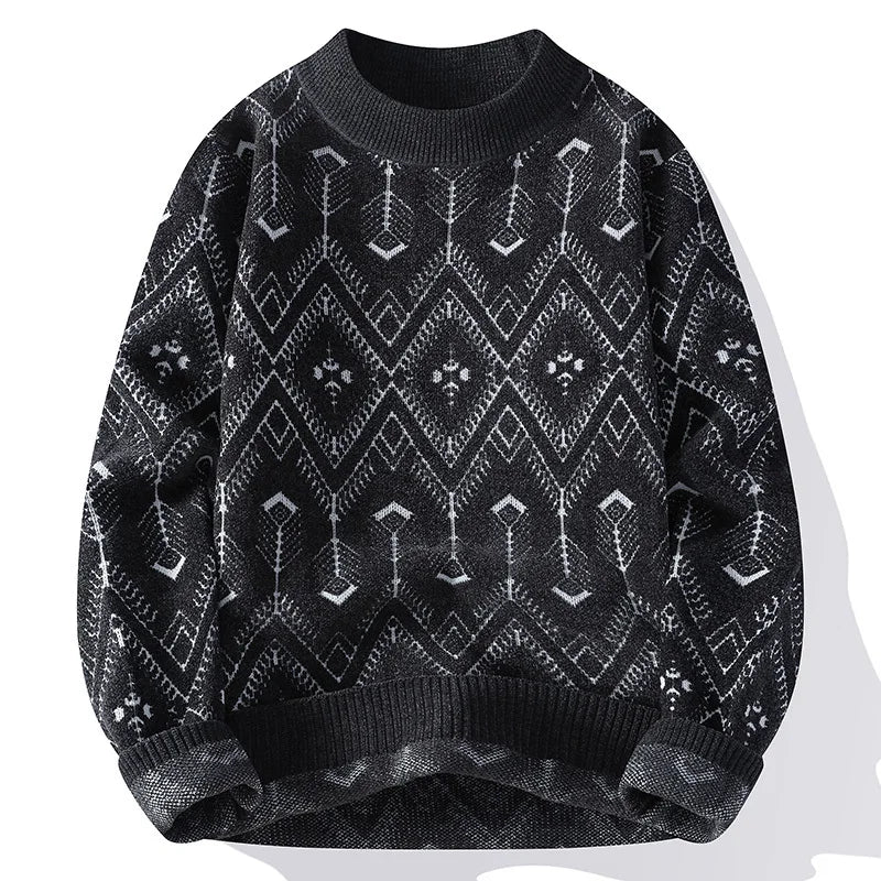Black sweater with geometric pattern on a white background