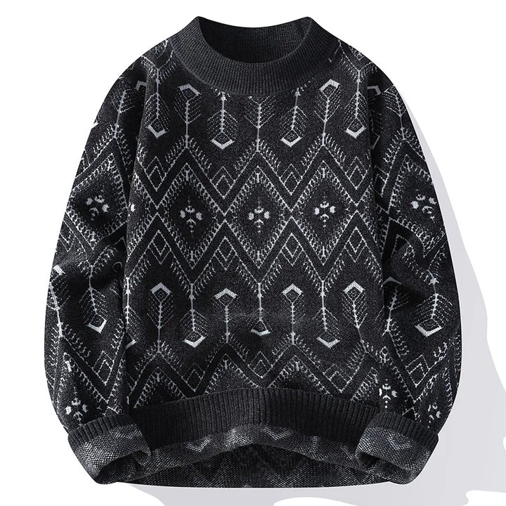 Black sweater with geometric pattern on a white background