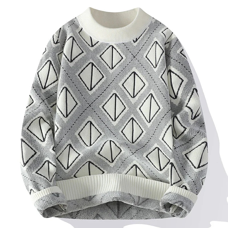 Gray sweater with black geometric pattern on a white background