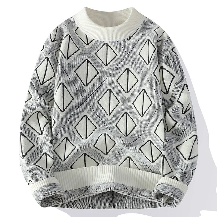 Gray sweater with black geometric pattern on a white background