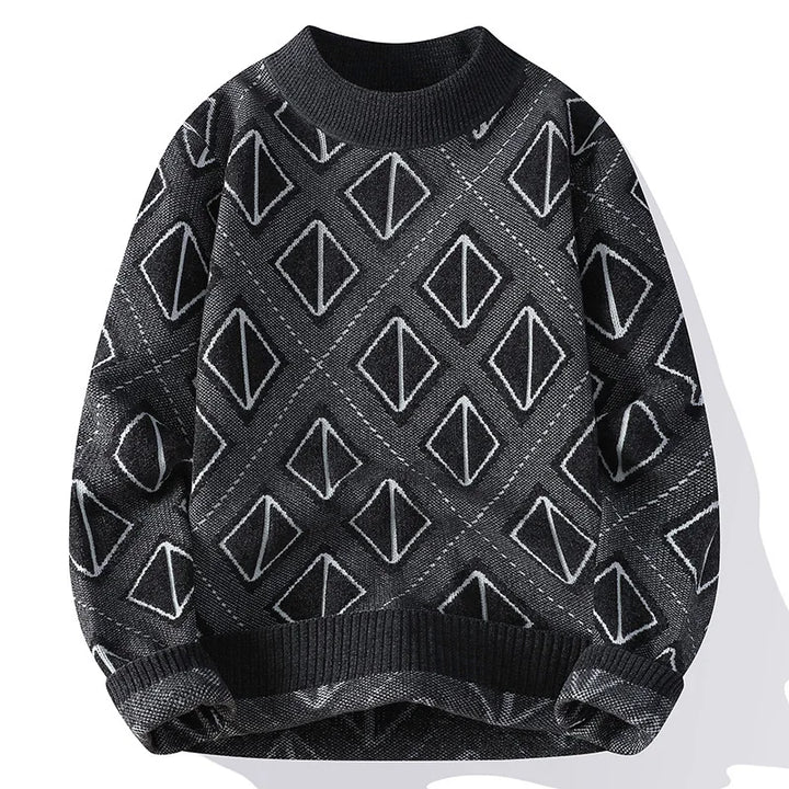 Black sweater with geometric white patterns on a white background