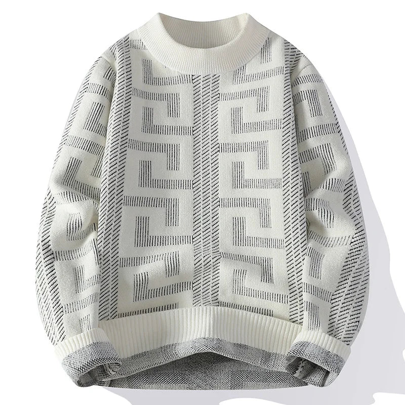 White sweater with geometric pattern on a white background