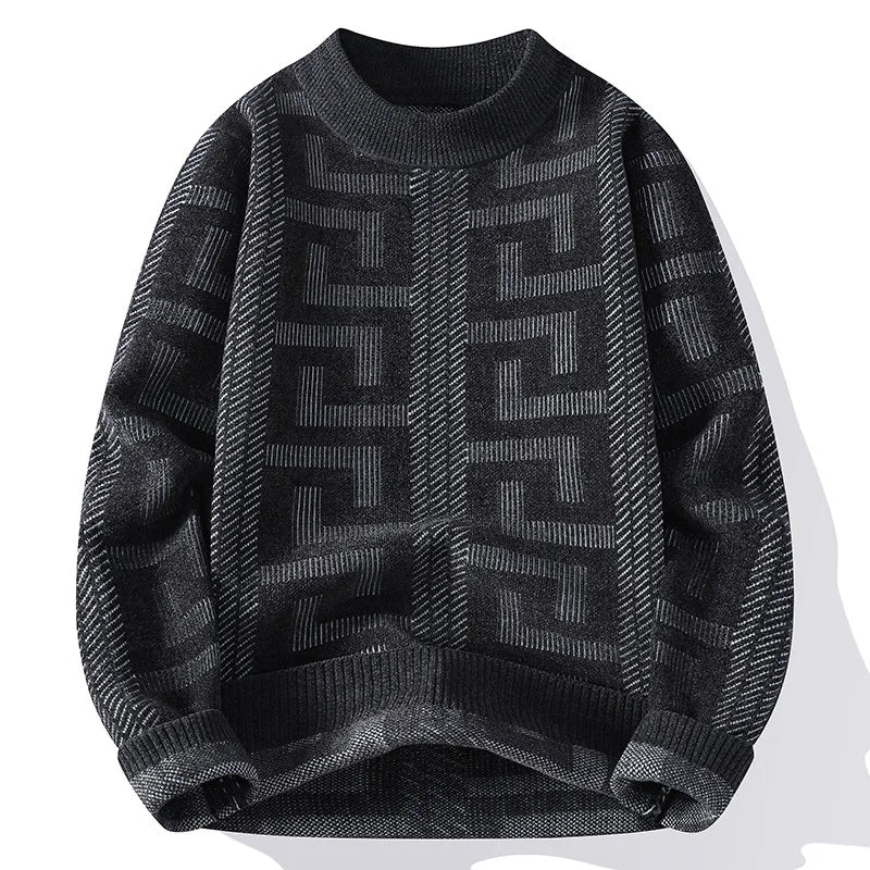 Dark gray sweater with geometric pattern on a white background