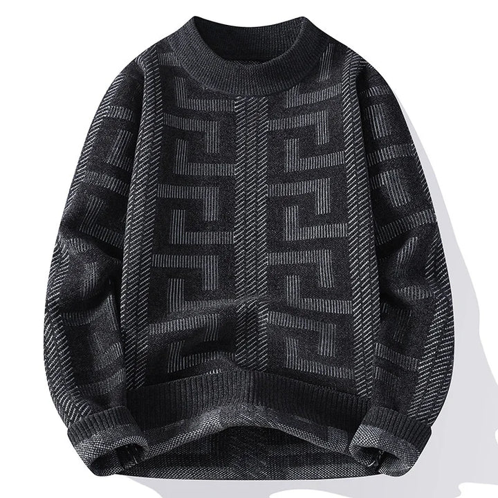 Dark gray sweater with geometric pattern on a white background