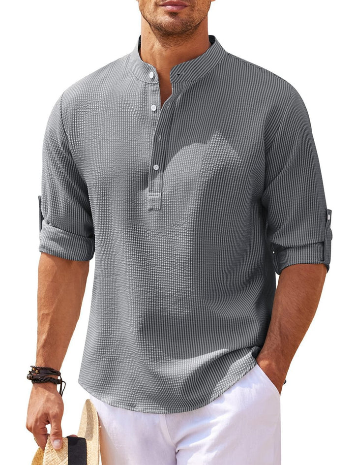 Mens Waffle Knit Band Collar Shirt