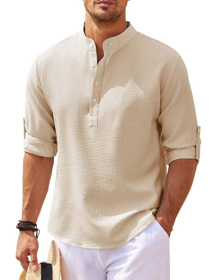 Mens Waffle Knit Band Collar Shirt