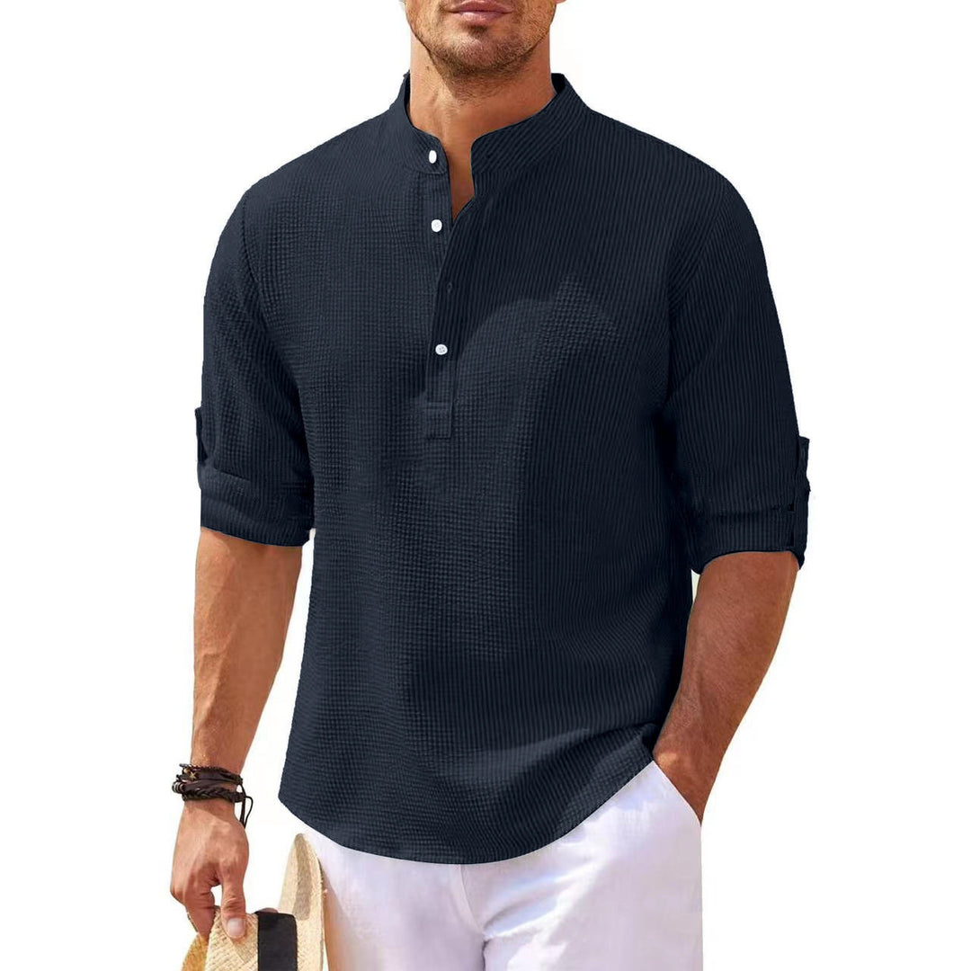 Mens Waffle Knit Band Collar Shirt