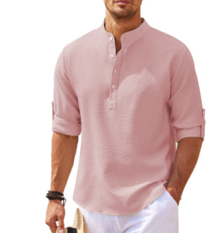 Mens Waffle Knit Band Collar Shirt