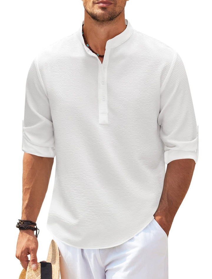 Mens Waffle Knit Band Collar Shirt
