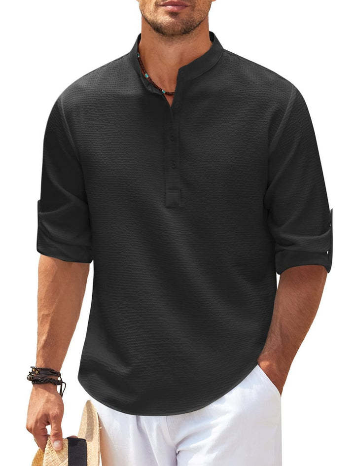 Mens Waffle Knit Band Collar Shirt