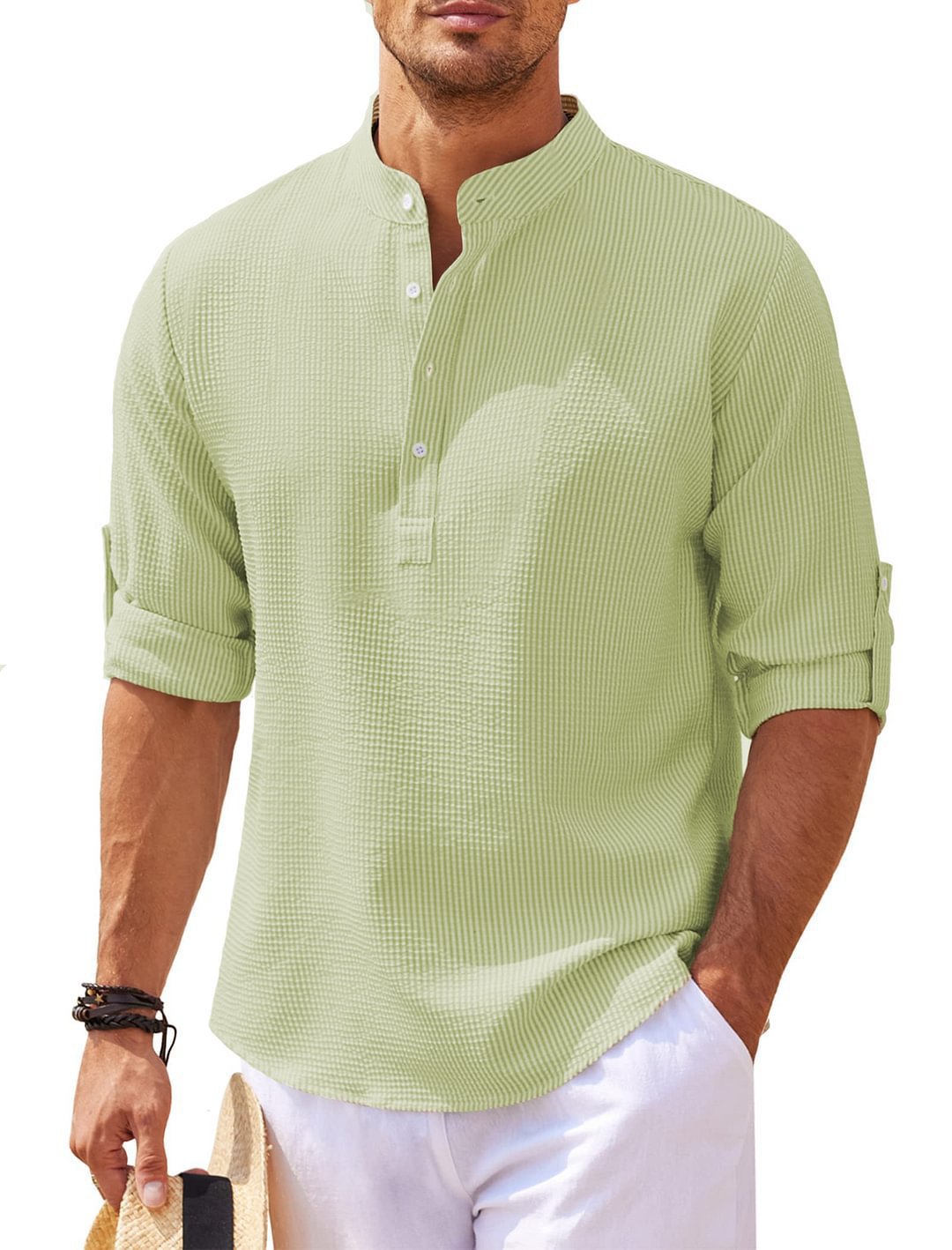 Mens Waffle Knit Band Collar Shirt