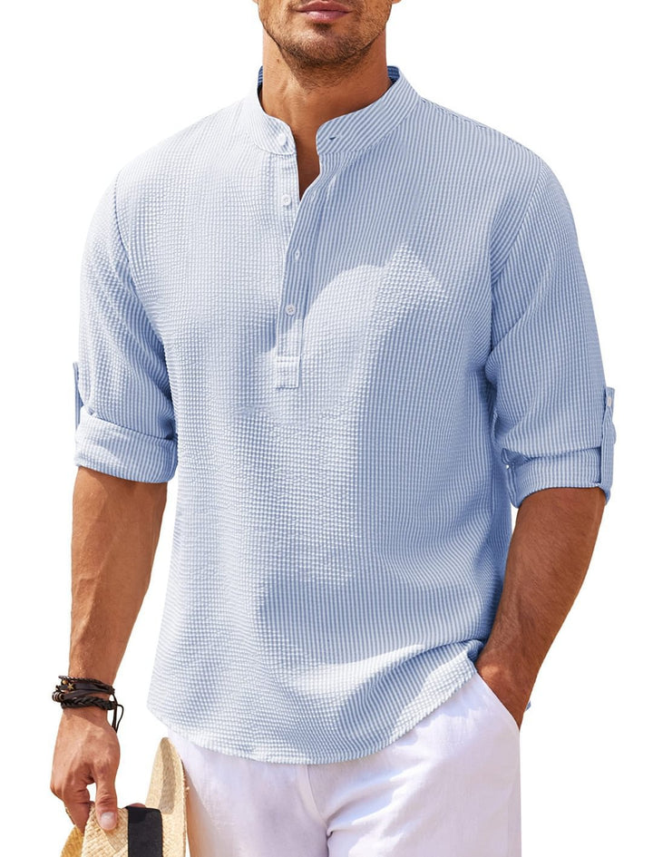 Mens Waffle Knit Band Collar Shirt