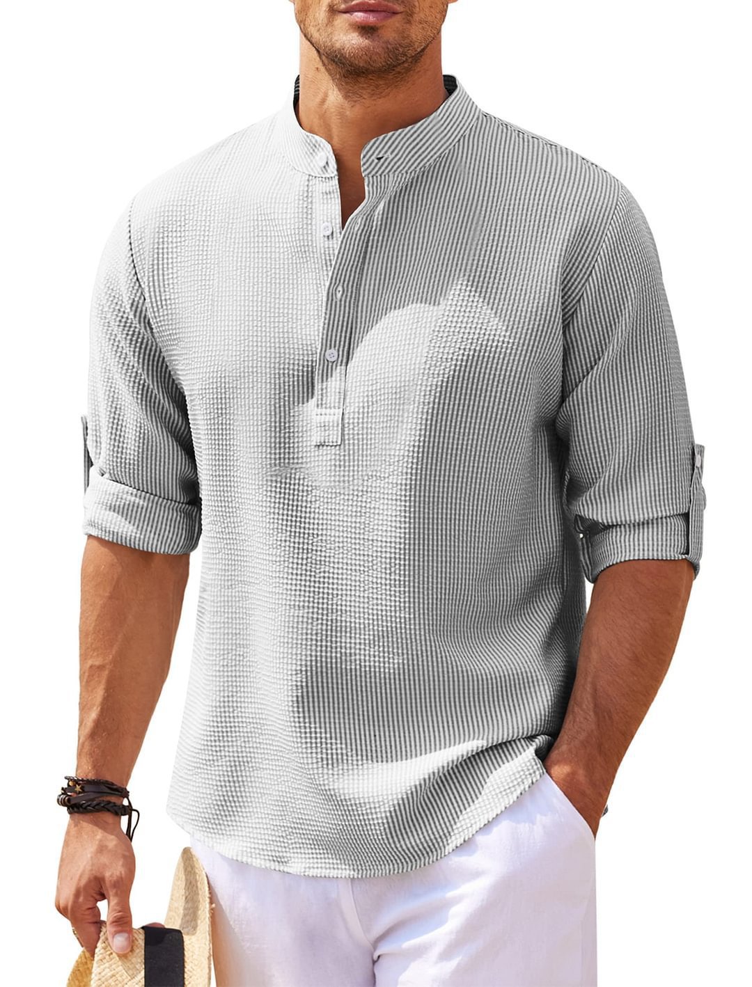 Mens Waffle Knit Band Collar Shirt