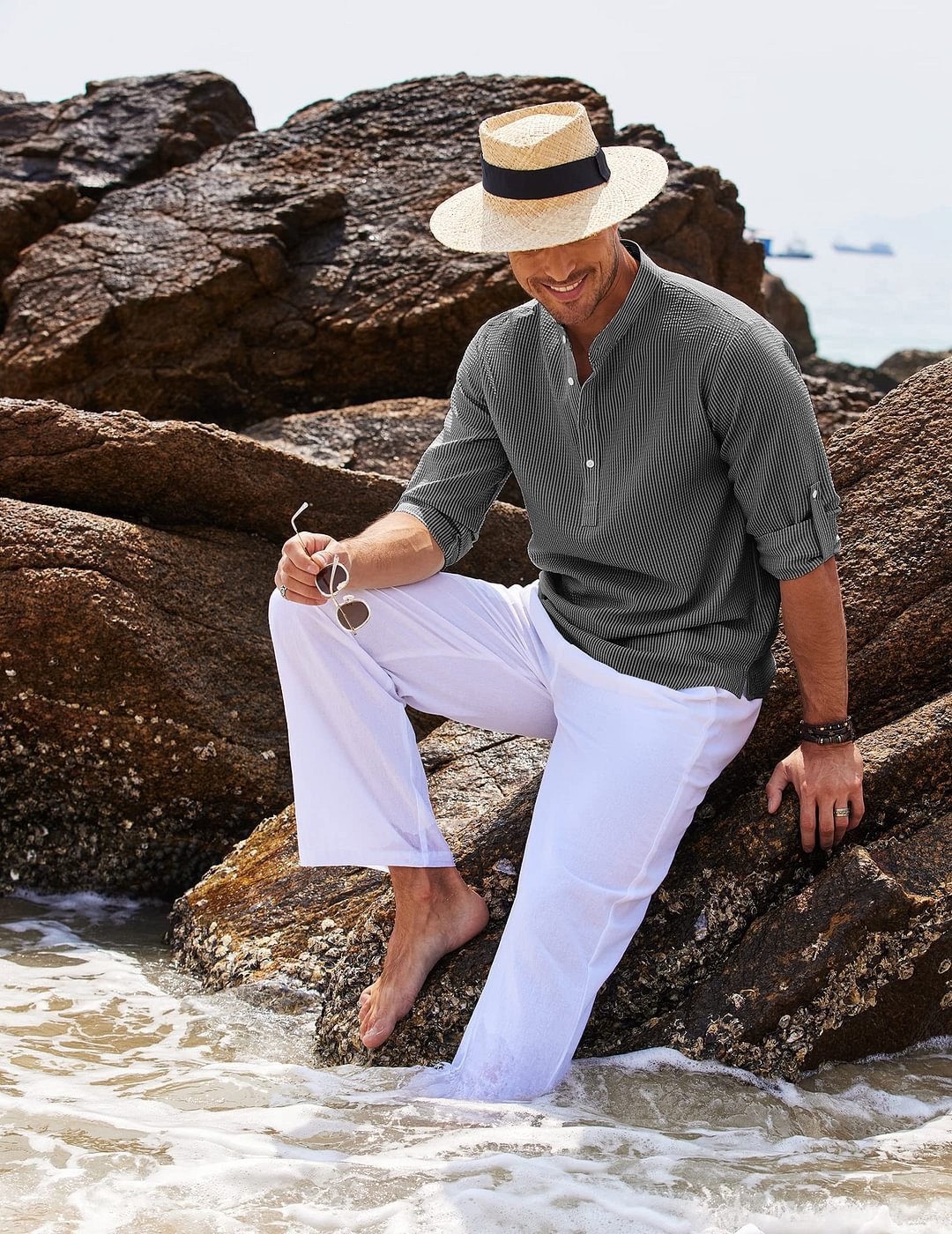 NuMode | Men's Waffle Knit Band Collar Shirt