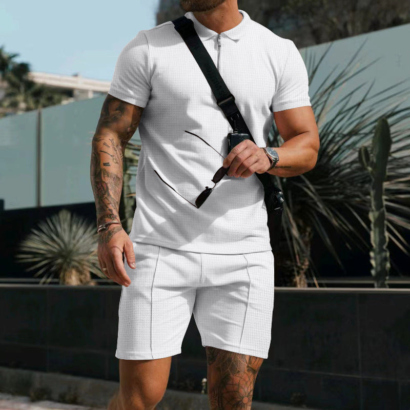 Mens Waffle Zip Polo & Shorts Set