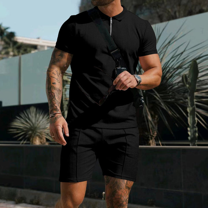 Mens Waffle Zip Polo & Shorts Set