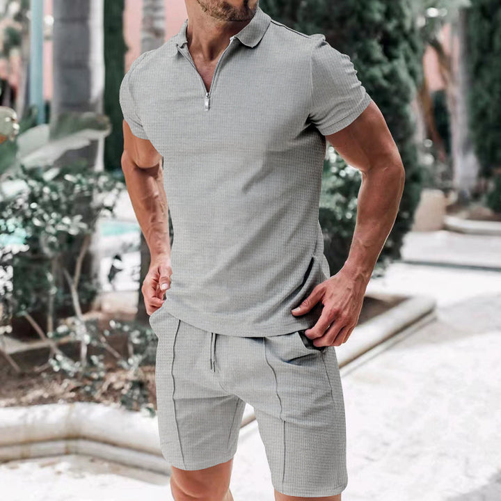 Mens Waffle Zip Polo & Shorts Set