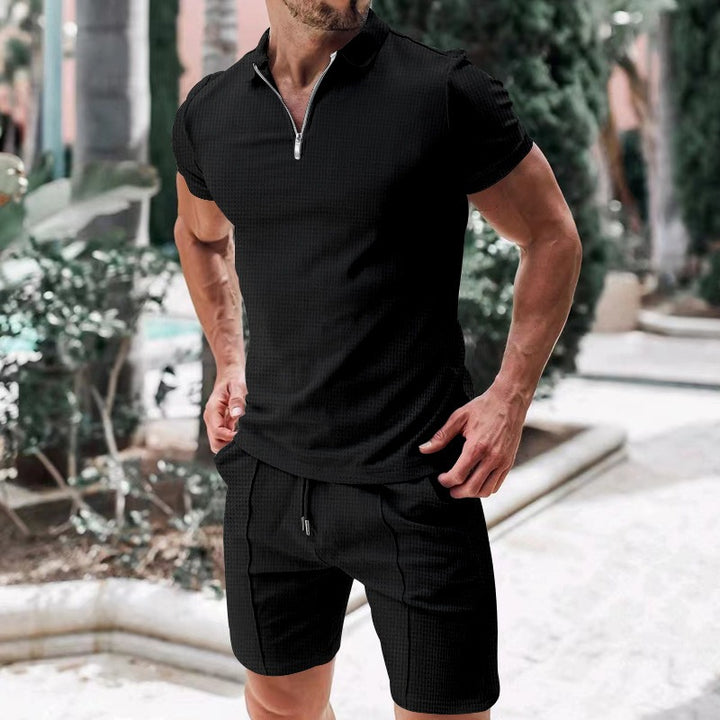 Mens Waffle Zip Polo & Shorts Set