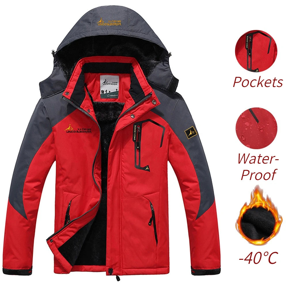 Red and gray jacket with pockets, waterproof feature, and flame-resistant text on a white background