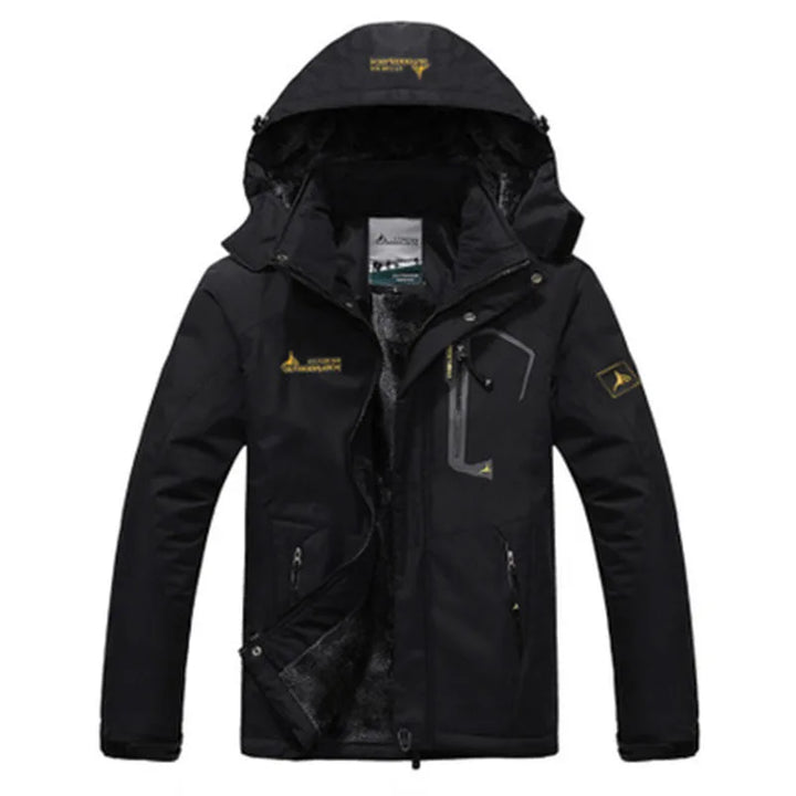 Black jacket with yellow accents on a white background