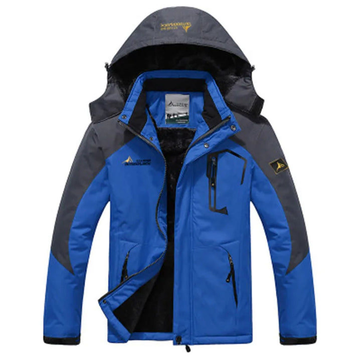 Blue and gray jacket with brand logo on a white background