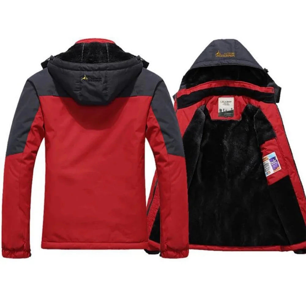 Red and gray jacket shown from front and back on a white background