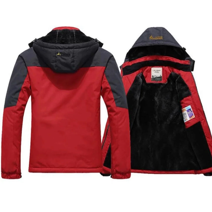 Red and gray jacket shown from front and back on a white background