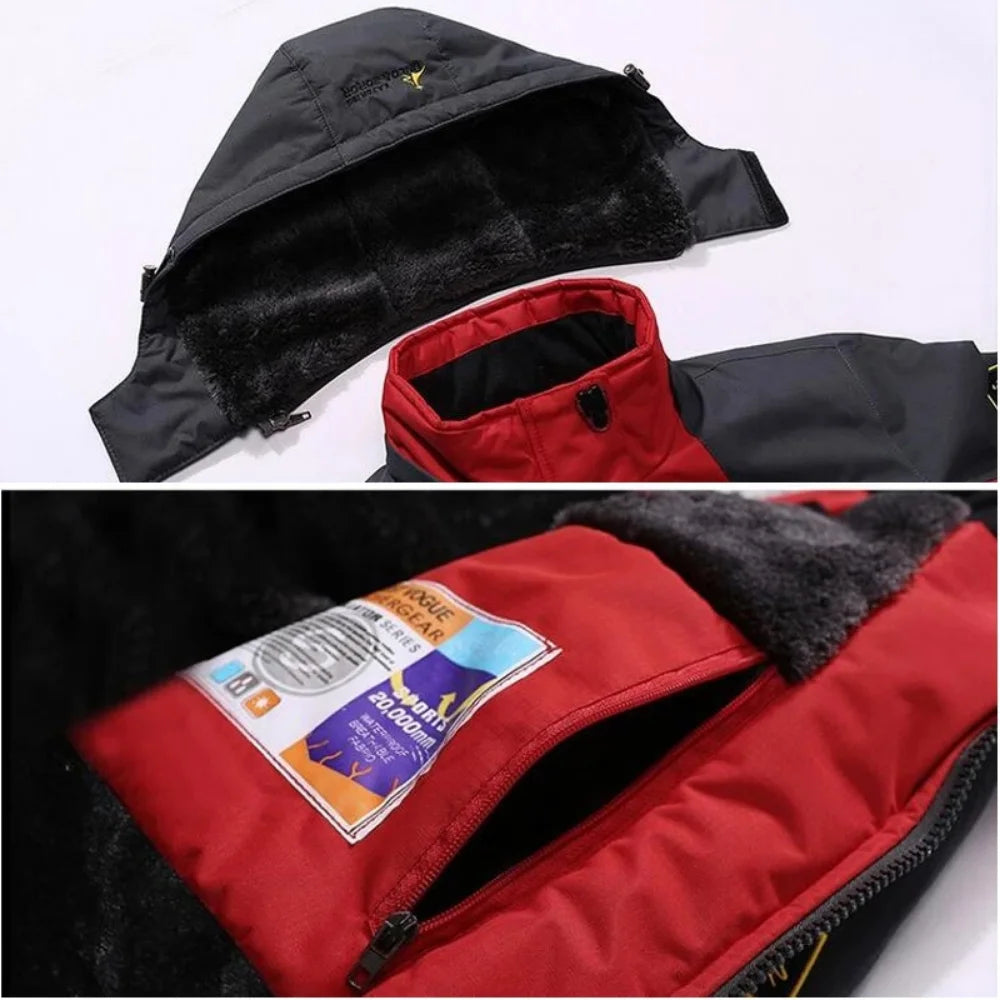 Close-up of a red jacket with black fur lining, showing the hood and interior details on a white background.
