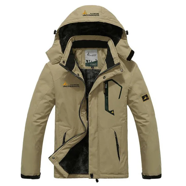 Beige winter jacket with black accents on a white background