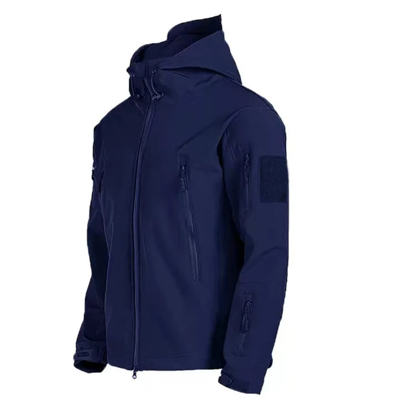 Navy blue jacket with a hood on a white background